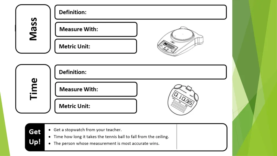 Mass and time notes ask for definitions, tools, and metric units, followed by a timed tennis ball drop activity.