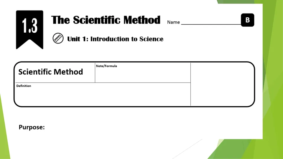 Scientific method guided notes, Unit 1: students write a definition, a note and the purpose of the scientific method