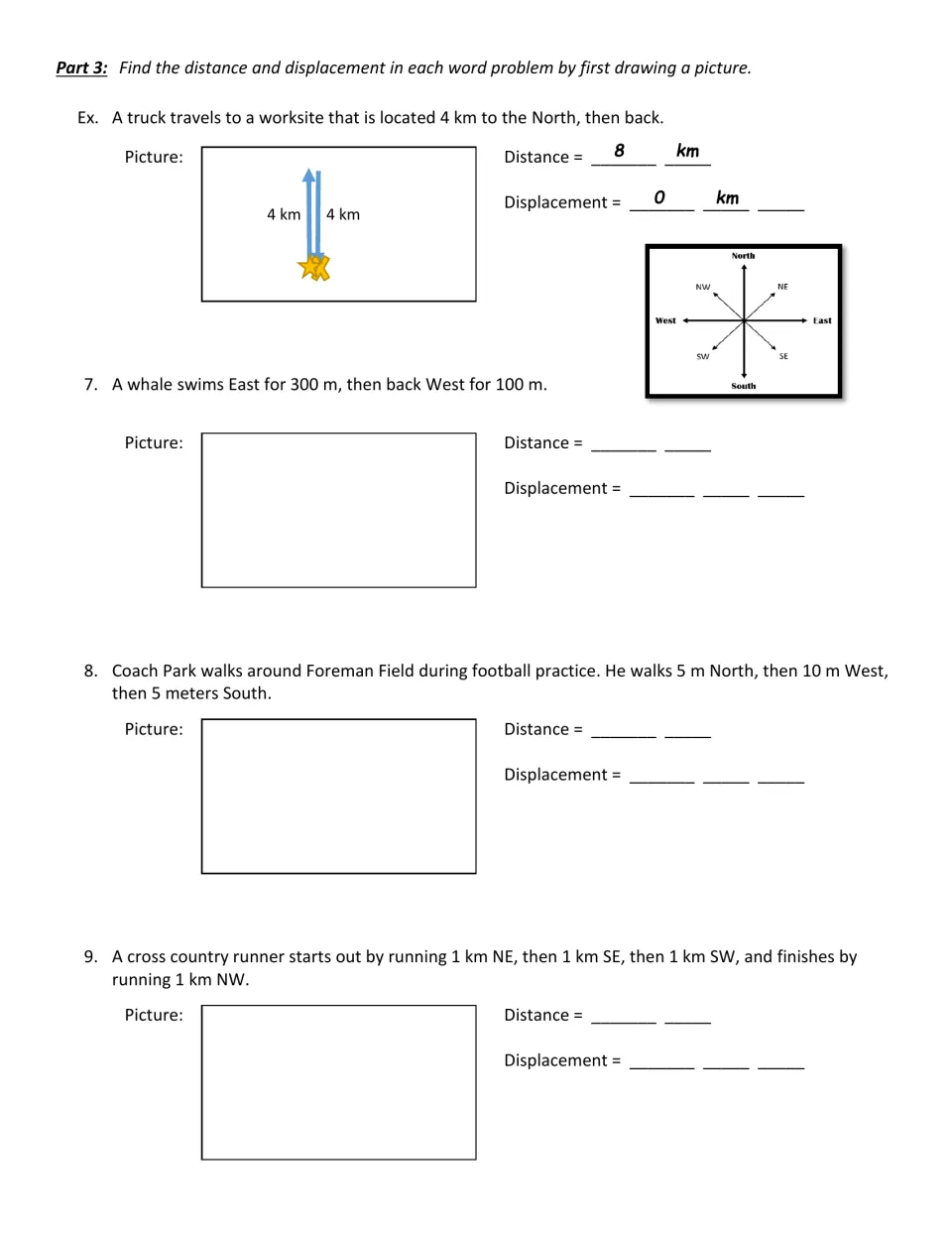 Distance and displacement word problems: students sketch each trip, then solve 3 problems using a worked truck example