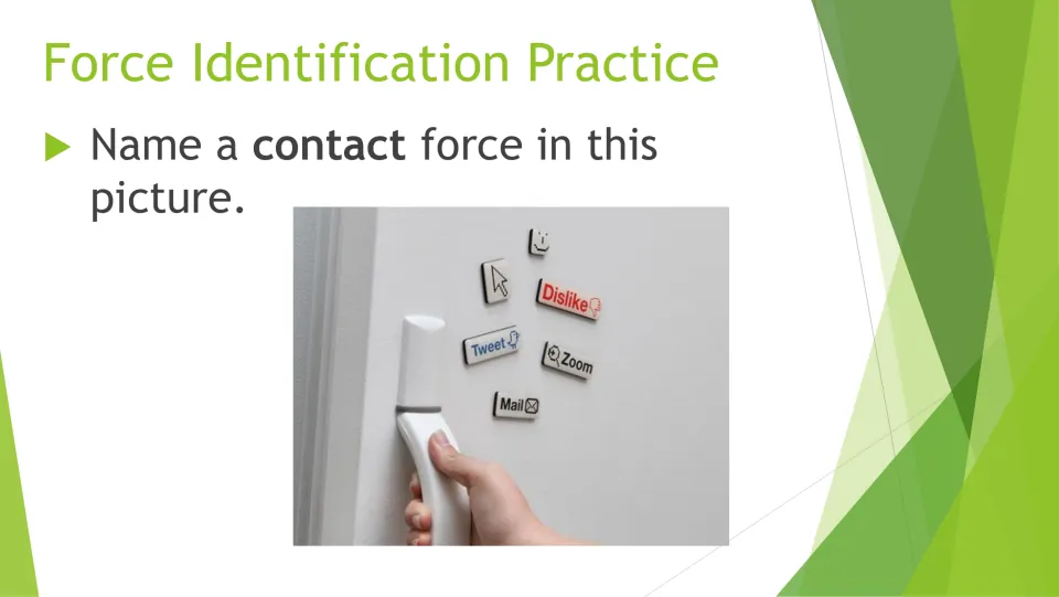Contact forces: students name one shown as a hand grips and pulls the handle of a fridge door that holds small magnets