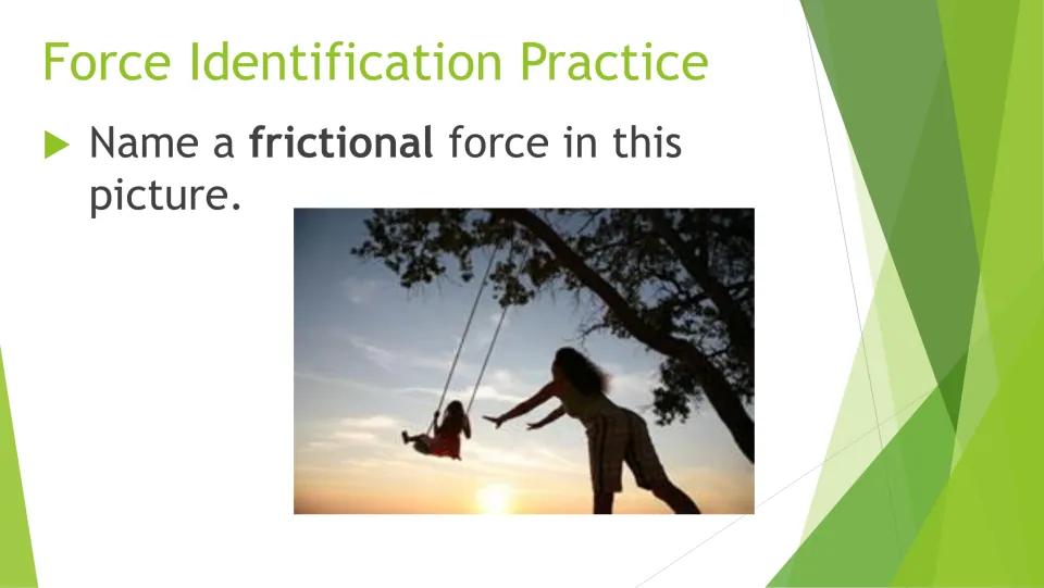 Friction on a swing: students name a frictional force in a sunset silhouette of an adult pushing a child on a tree swing