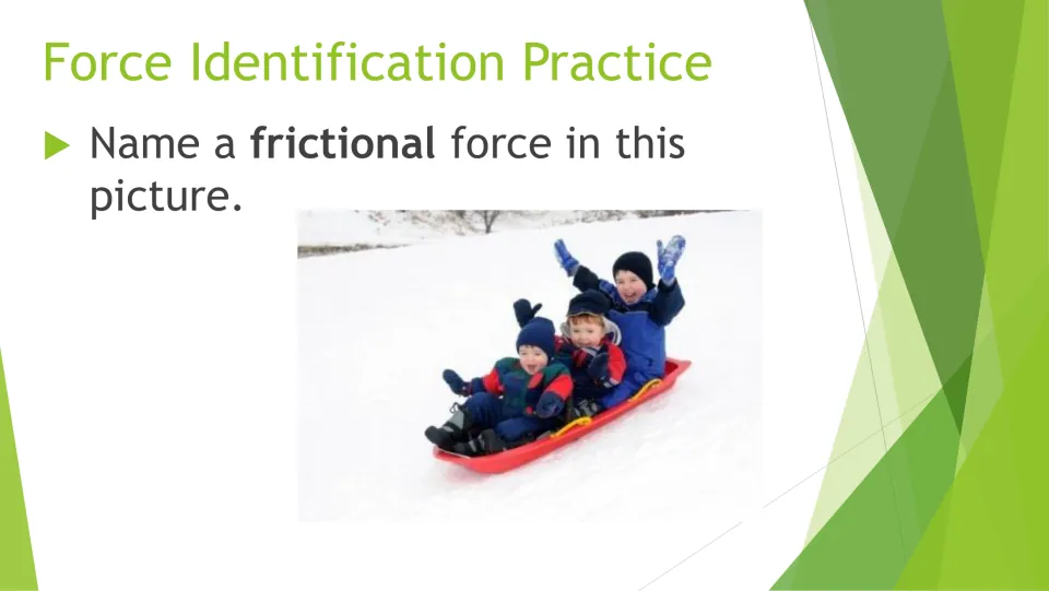 Sledding and friction: students name a frictional force in a photo of three children riding a red sled down a snowy hill