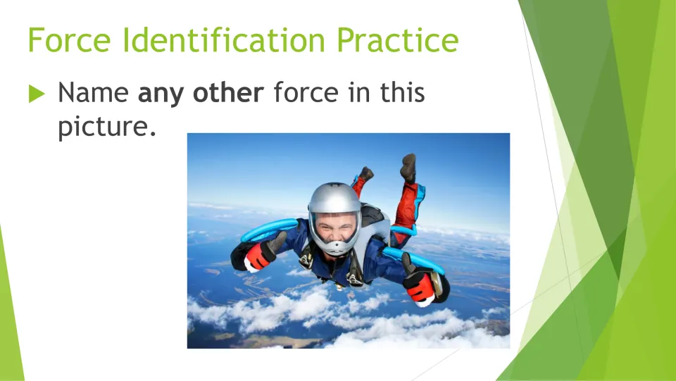 Skydiver scene: students name any other force acting on a person in free fall, beyond friction, high above clouds and land