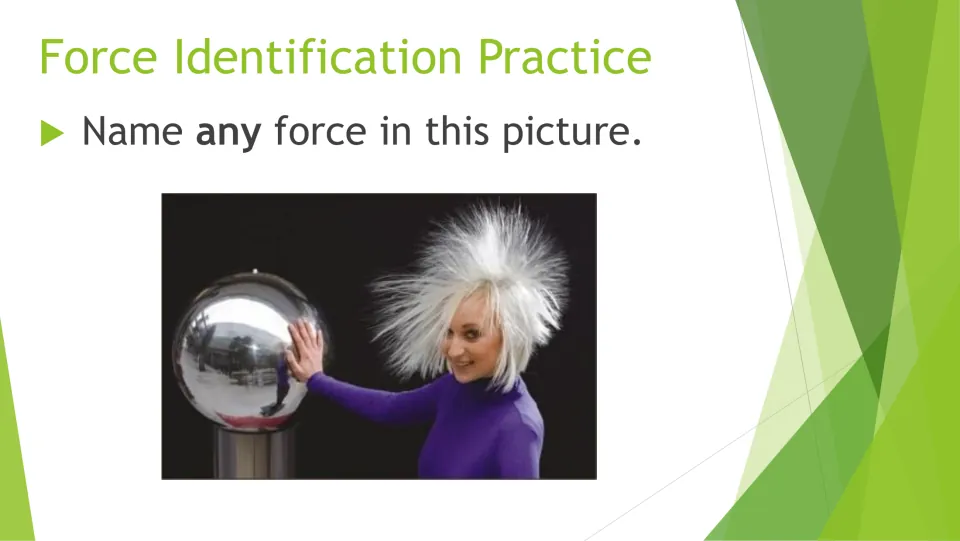 Static electricity: students name any force in a photo of a woman whose hair stands on end as she touches a metal dome