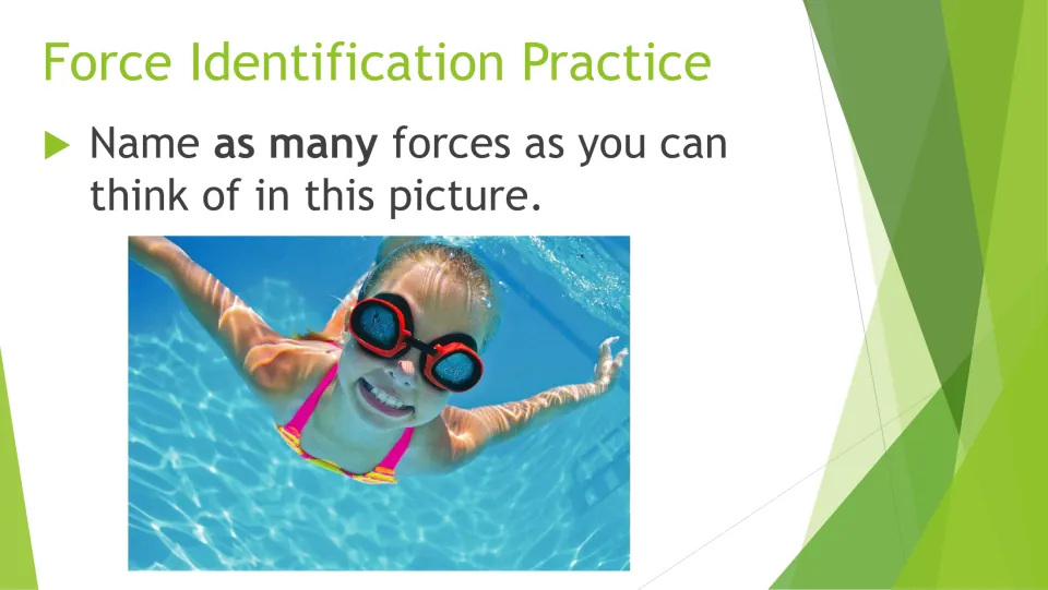 Forces in water: students list as many forces as they can think of in a photo of a girl in goggles swimming underwater