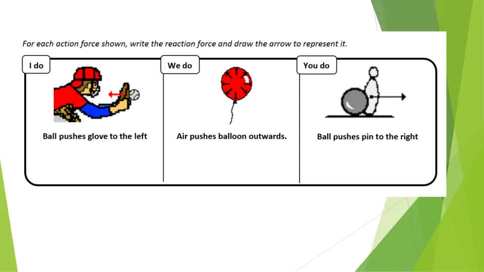 Reaction forces practice: students name the reaction force and draw its arrow for a glove, a balloon and a bowling pin