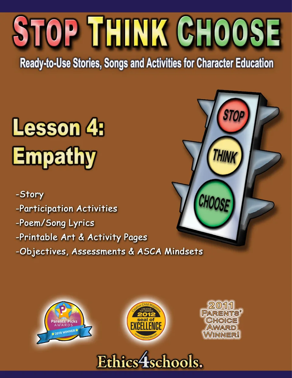 Lesson 4: Empathy cover lists a story, participation activities, song lyrics, printables, and assessments