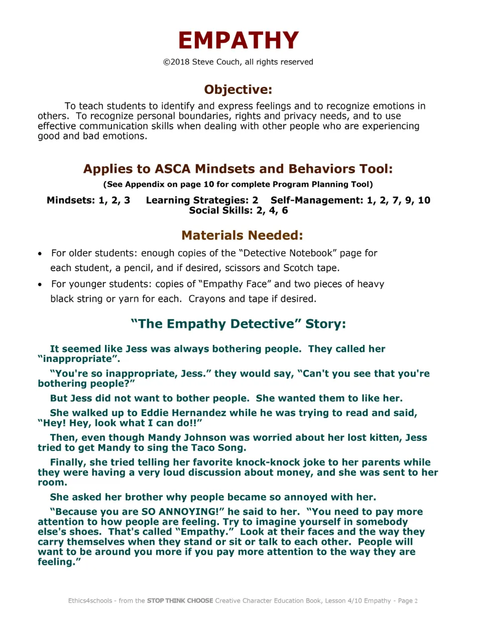 Empathy lesson objectives, materials, and the opening of The Empathy Detective story introduce Jess