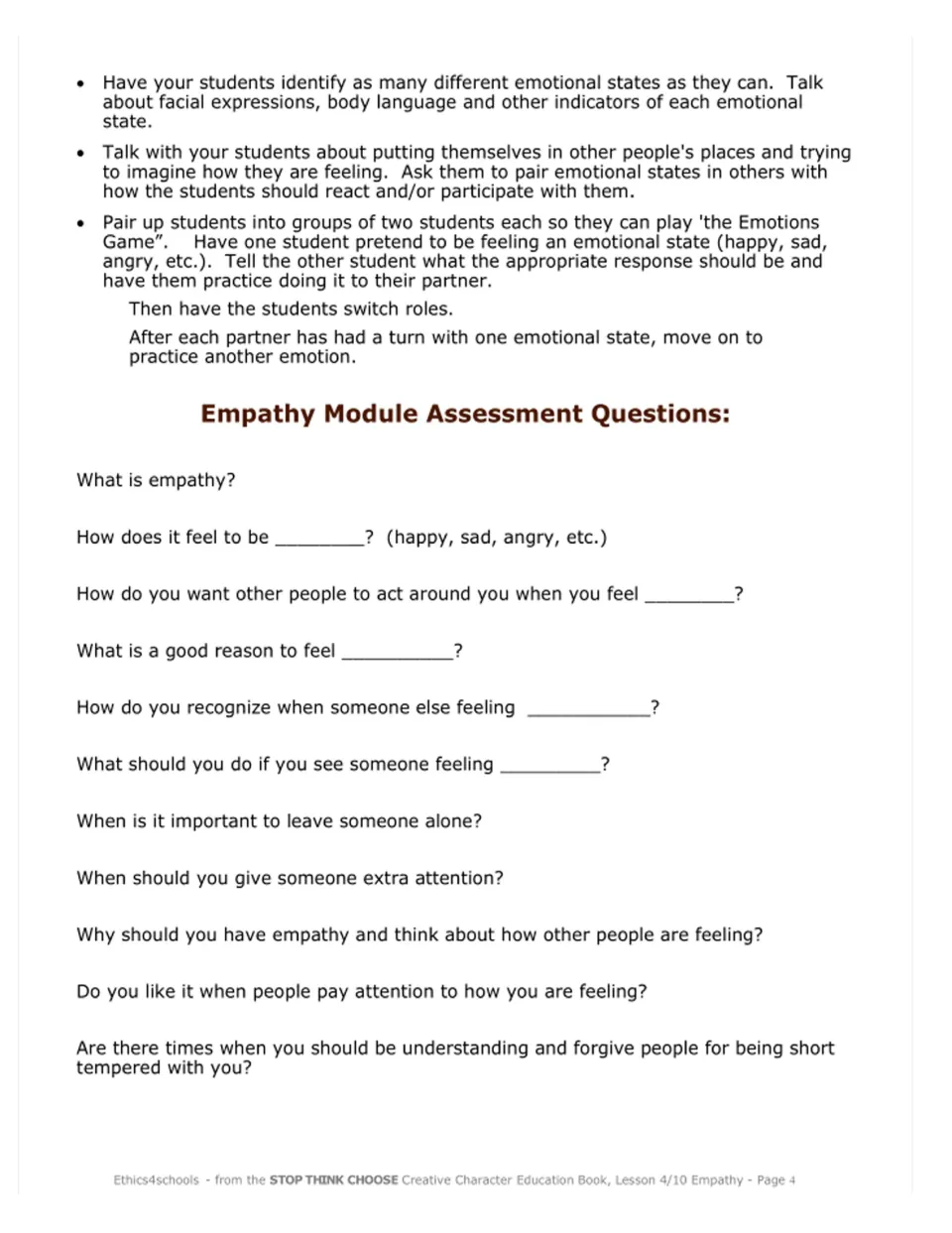 Empathy lesson activities include a partner Emotions Game, followed by questions about feelings and responses