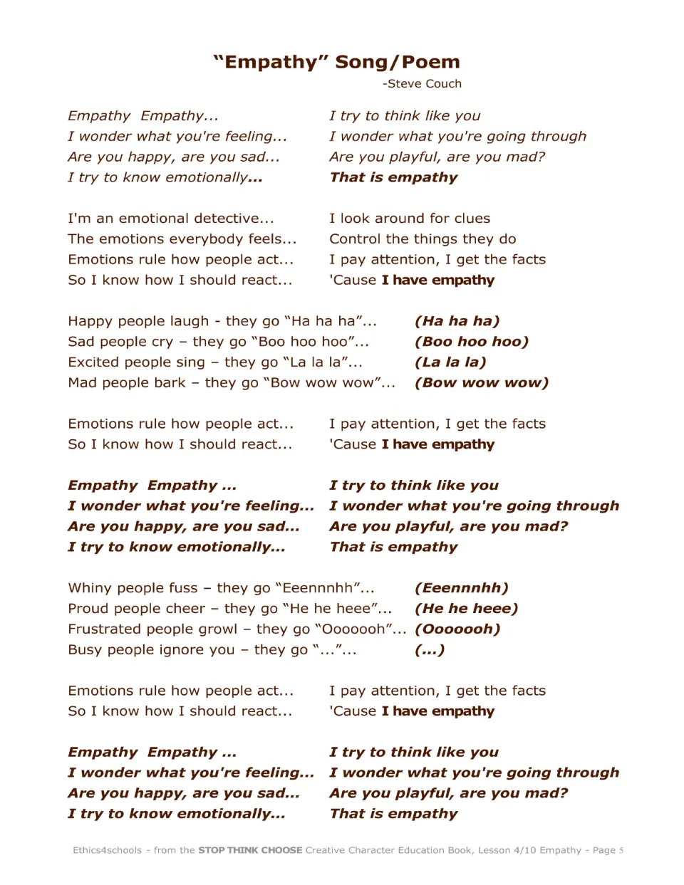Empathy song/poem lyrics describe noticing emotional clues and recognizing happy, sad, and frustrated feelings