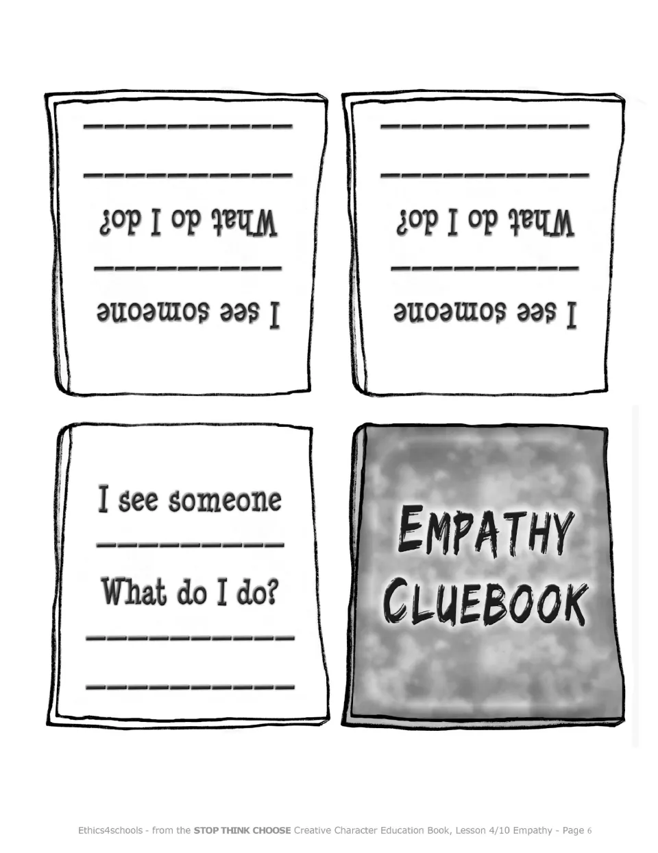 Foldable Empathy Cluebook has a cover and three entries prompting students to notice feelings and respond
