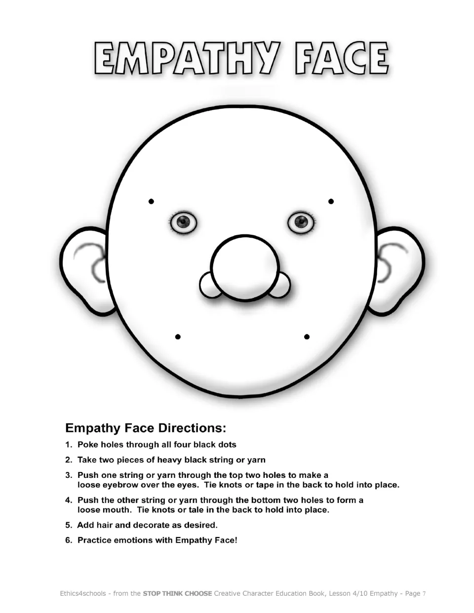 Empathy Face craft uses yarn to make a movable eyebrow and mouth for practicing emotional expressions