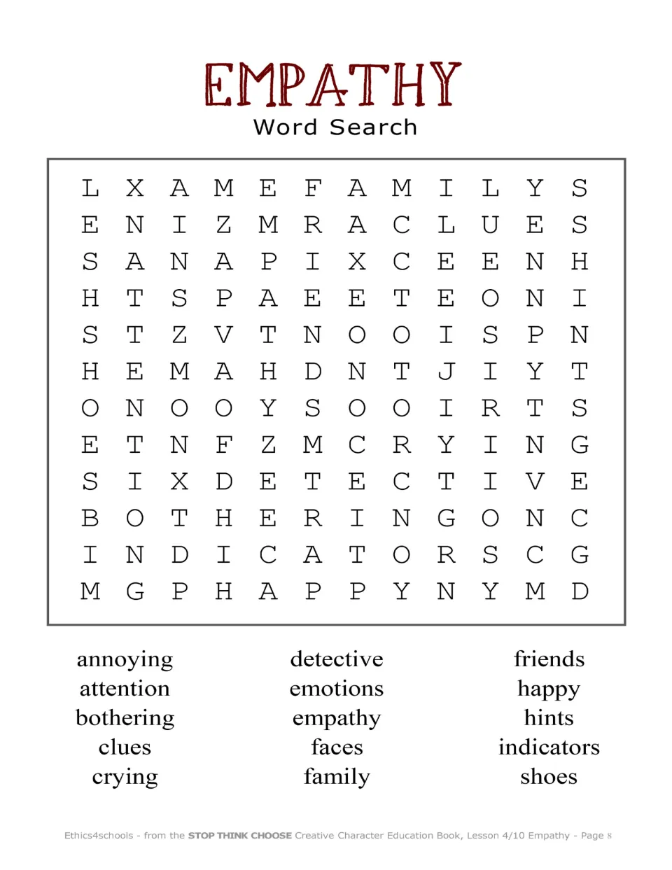 Empathy word search asks students to find 15 words, including emotions, clues, detective, friends, and family