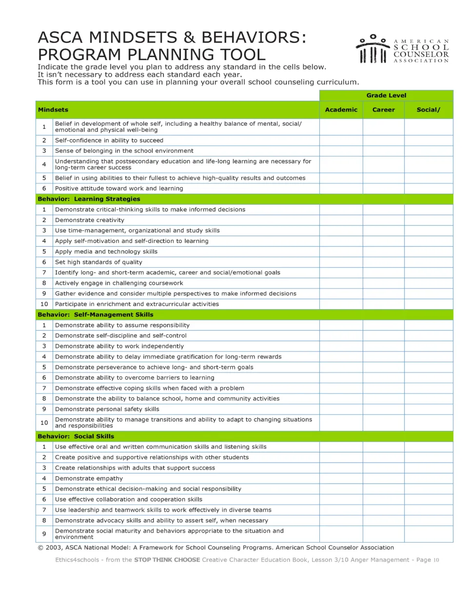 ASCA planning tool lists mindsets, learning strategies, self-management, and social skills for grade planning