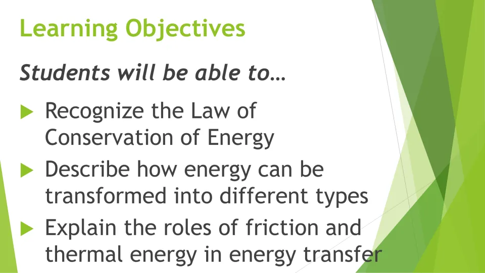 Learning objectives: students recognize the law of energy conservation, describe energy transformations and friction's role