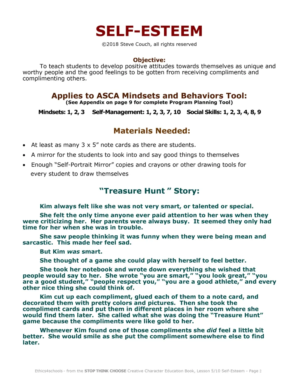 Lesson objective, ASCA mindsets, materials list and the start of the Treasure Hunt story about Kim's compliment cards