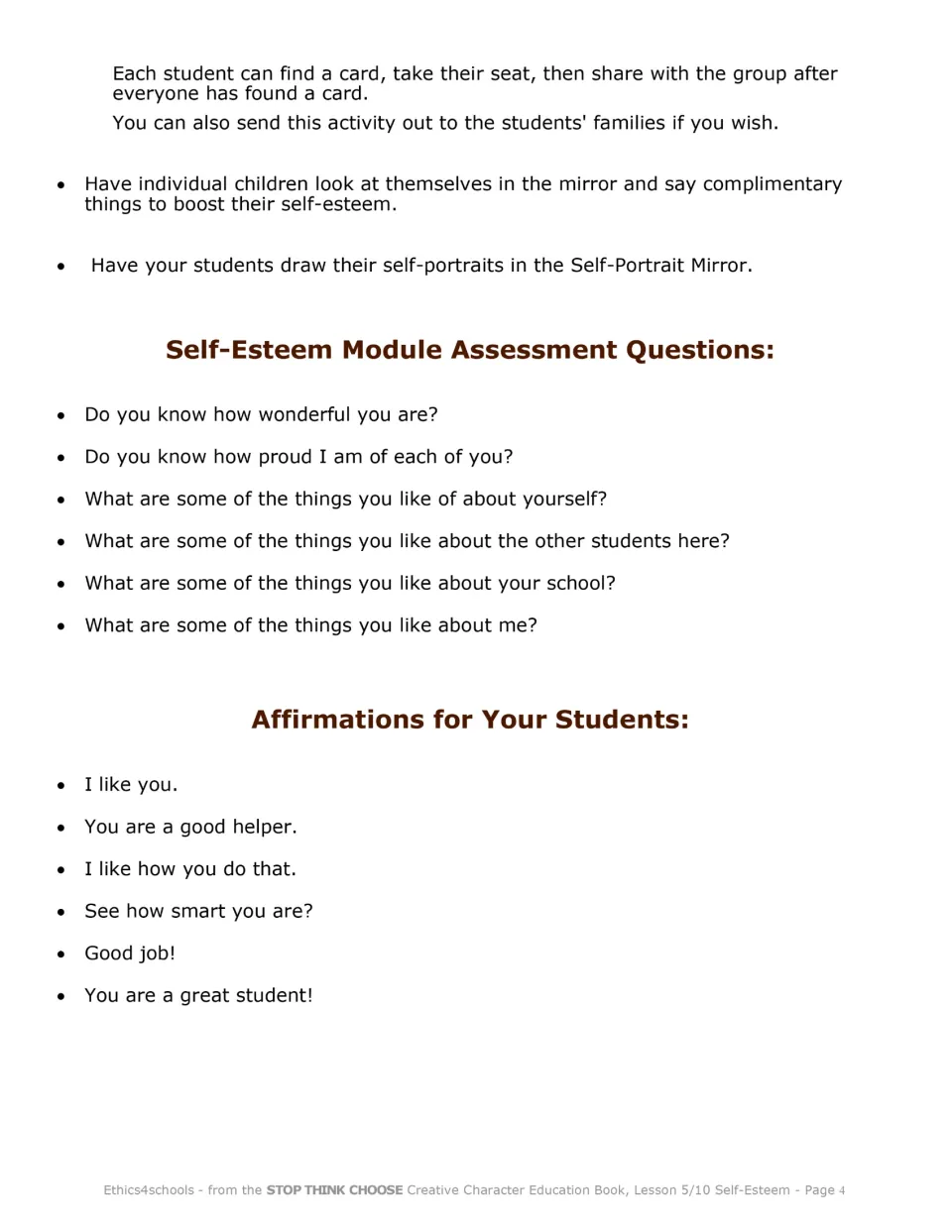 Mirror activity ideas, six assessment questions like Do you know how wonderful you are?, and six teacher affirmations