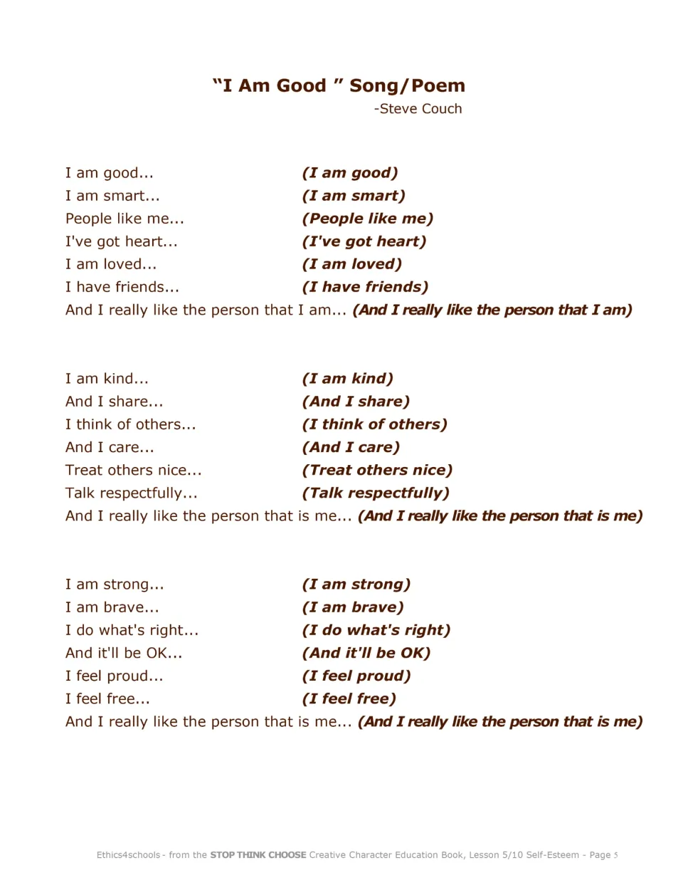 I Am Good song/poem by Steve Couch: three echo verses of positive self-talk such as I am kind and I am brave