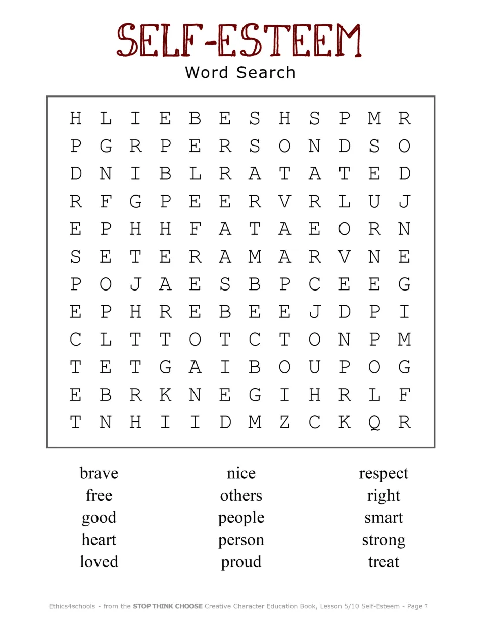 Self-Esteem word search: students find 15 positive words including brave, heart, proud, respect and strong