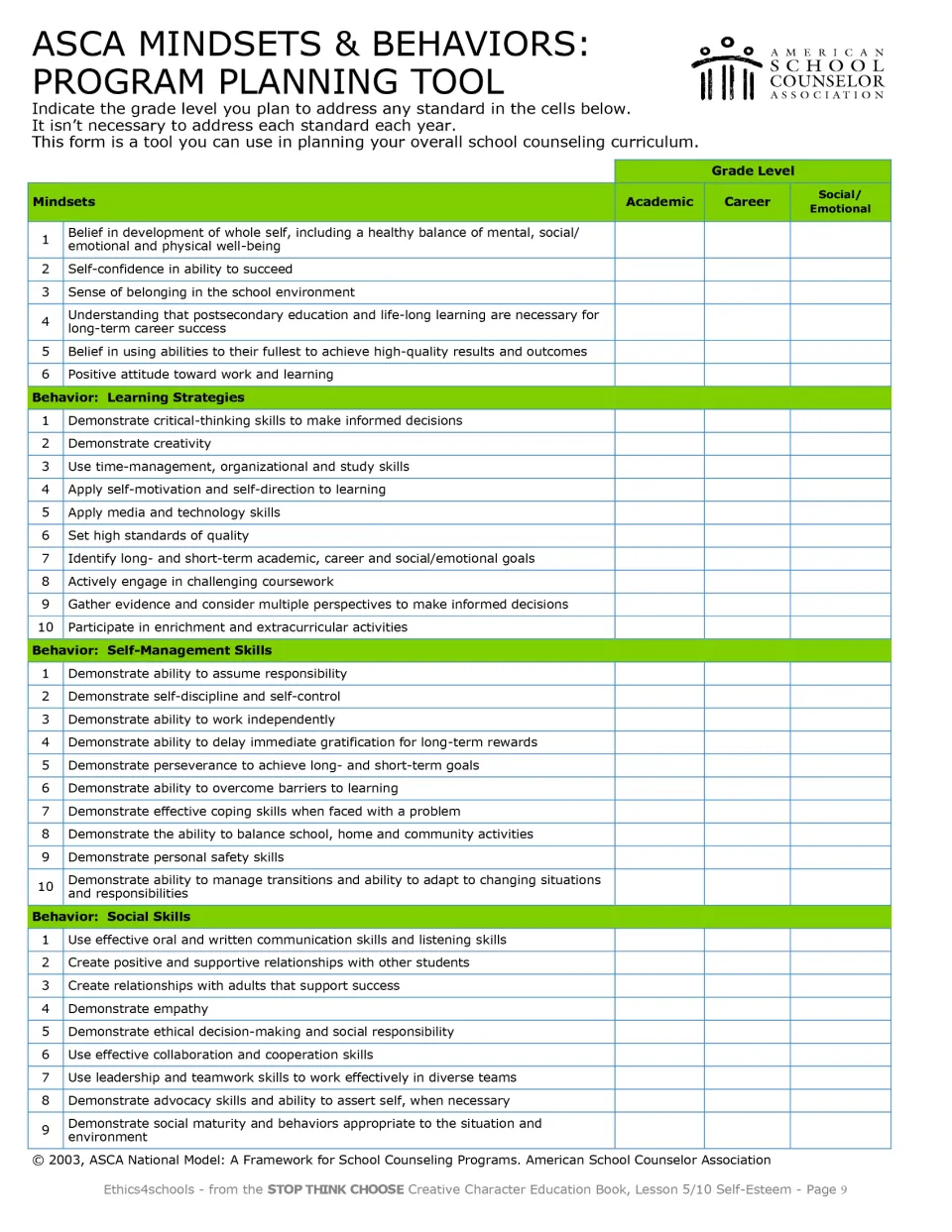 ASCA Mindsets & Behaviors planning tool listing six mindsets plus learning strategies, self-management and social skills