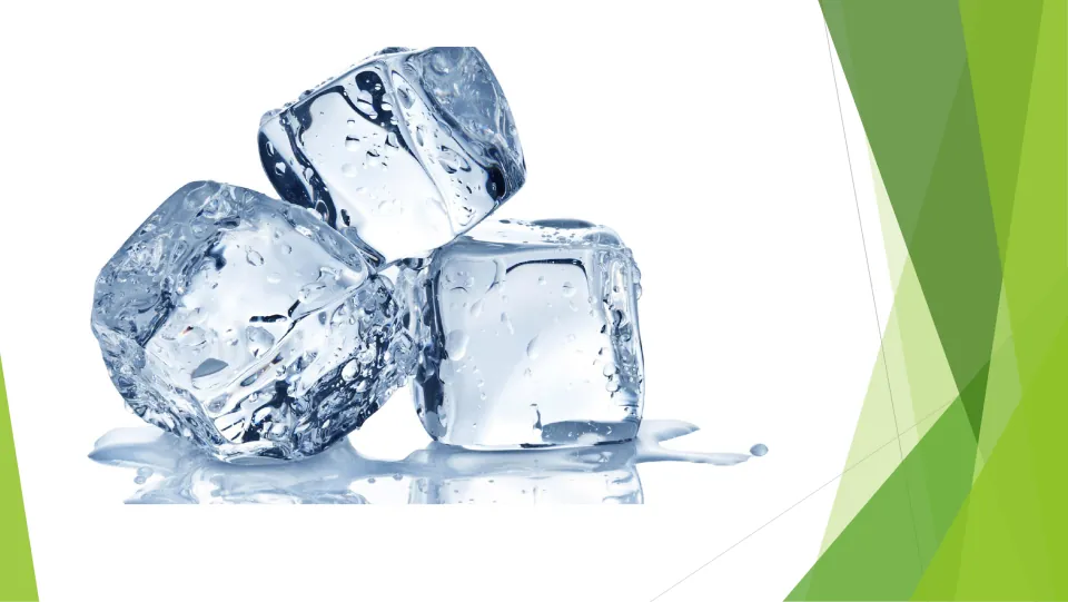 States of matter photo slide: three clear ice cubes melting into a puddle of water, a solid turning into a liquid