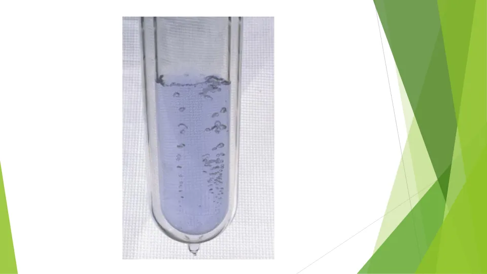 Gas bubbles in a liquid: a glass test tube of pale blue liquid with small bubbles rising toward the surface