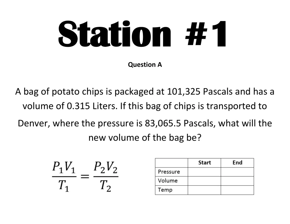 Station 1, Question A: students find a chip bag's new volume when 0.315 L at 101,325 Pa moves to Denver at 83,065.5 Pa