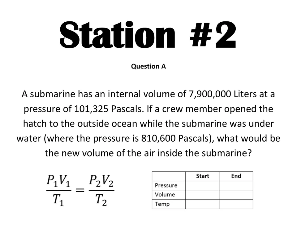 Station 2, Question A: students find the new air volume in a 7,900,000 L submarine when the hatch opens at 810,600 Pa