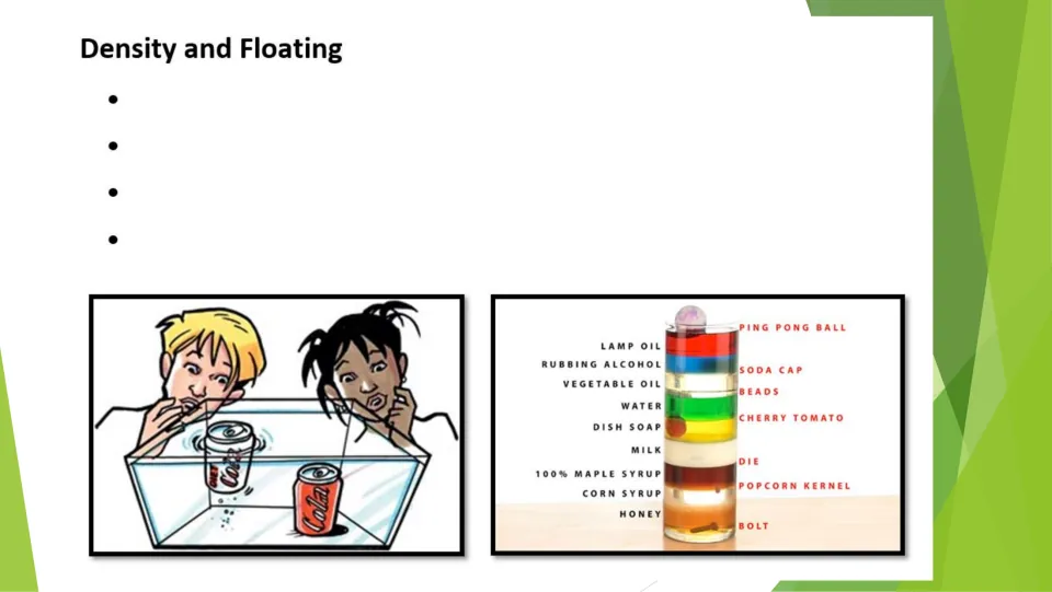 Density and floating: students take bullet notes near a floating and a sinking cola can and a labeled liquid density column
