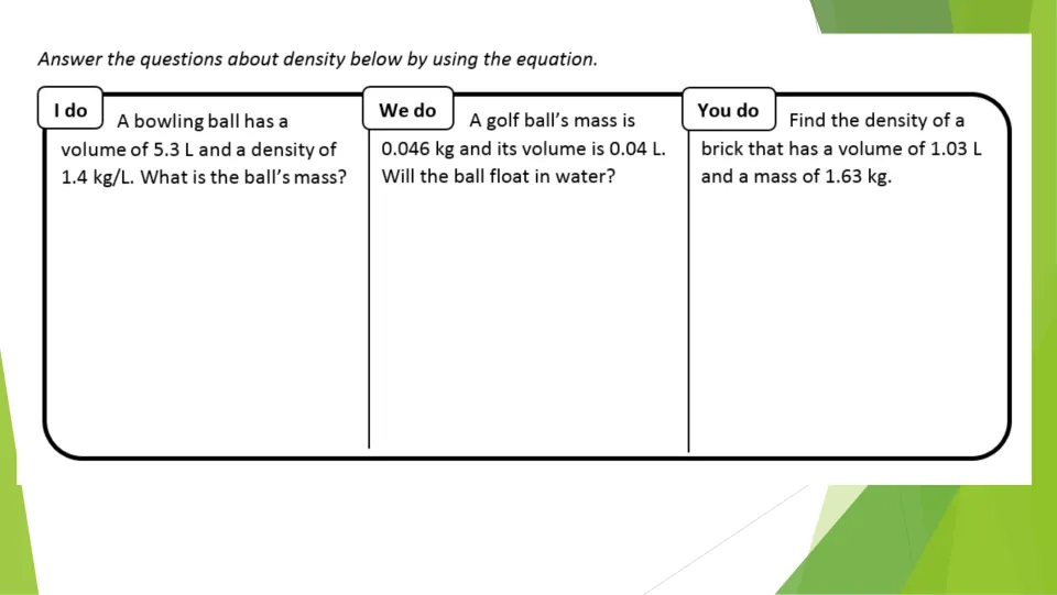 Density equation practice: I do, we do, you do problems on a bowling ball's mass, golf ball floating and brick density