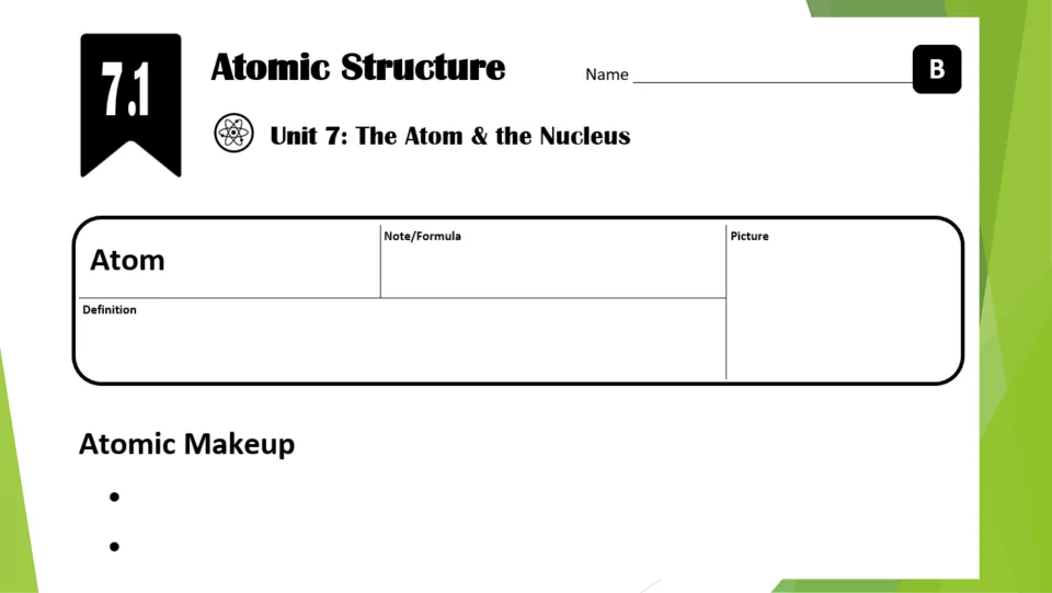 Atomic Structure guided notes: students define and sketch the atom, add a note, then list its atomic makeup
