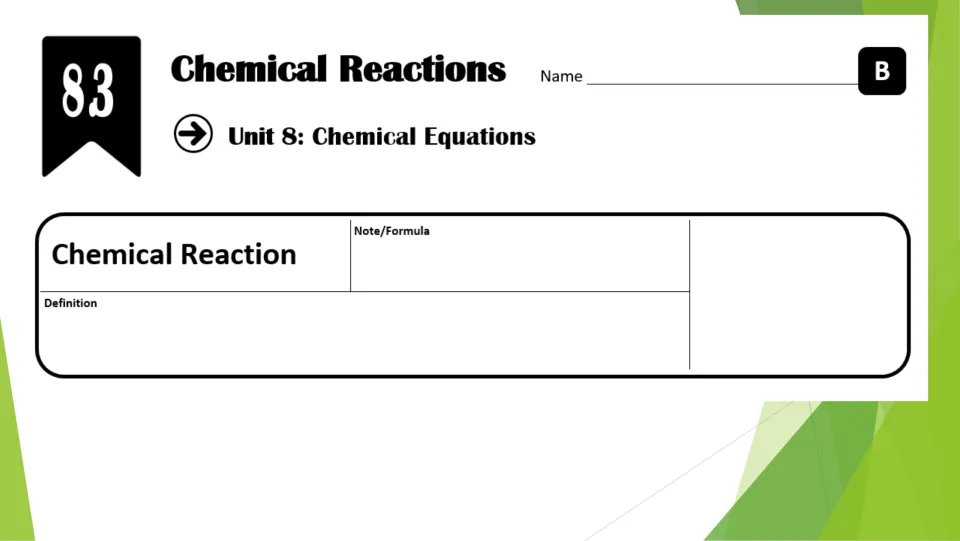 Unit 8 chemical equations notes: students write a definition and a note or formula for the term chemical reaction