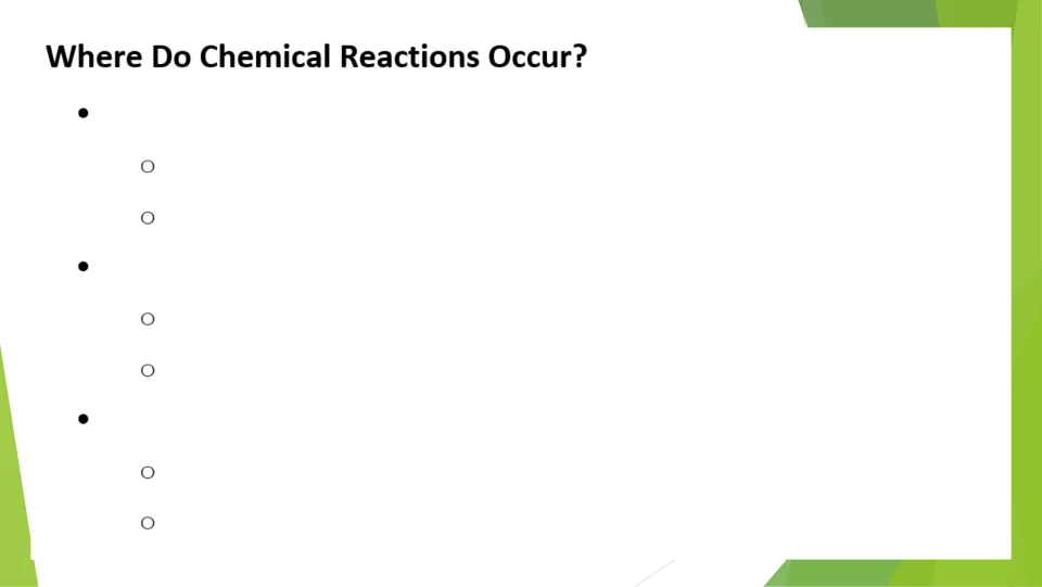 Where do chemical reactions occur? Students fill in a notes outline of three main points, each with two sub-points