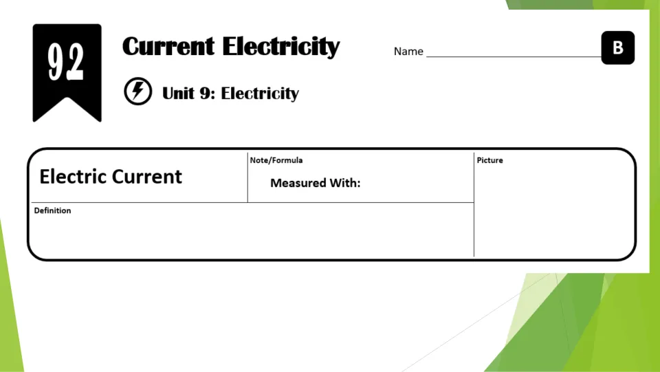 Unit 9 electricity notes: students write a definition, measuring tool and sketch for the term electric current