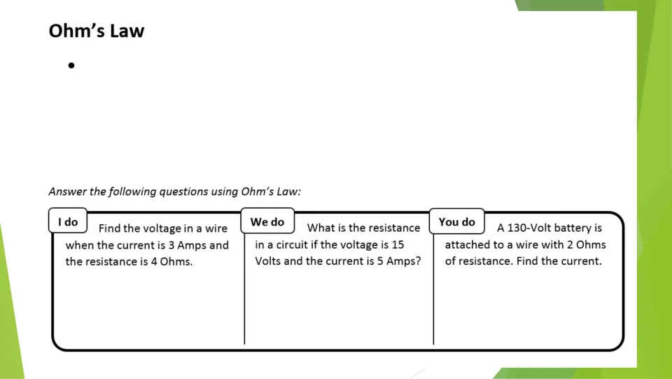 Ohm's Law practice: students solve for voltage, resistance and current in three I do, We do, You do word problems