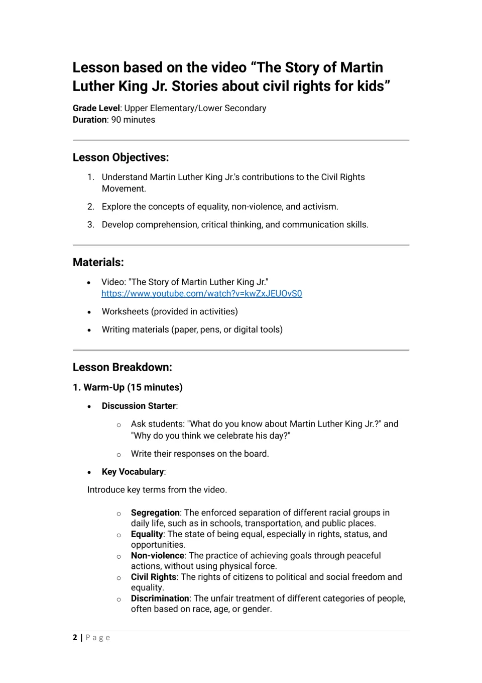 Lesson plan opener: objectives, materials with video link, a 15-minute warm-up discussion and civil rights vocabulary