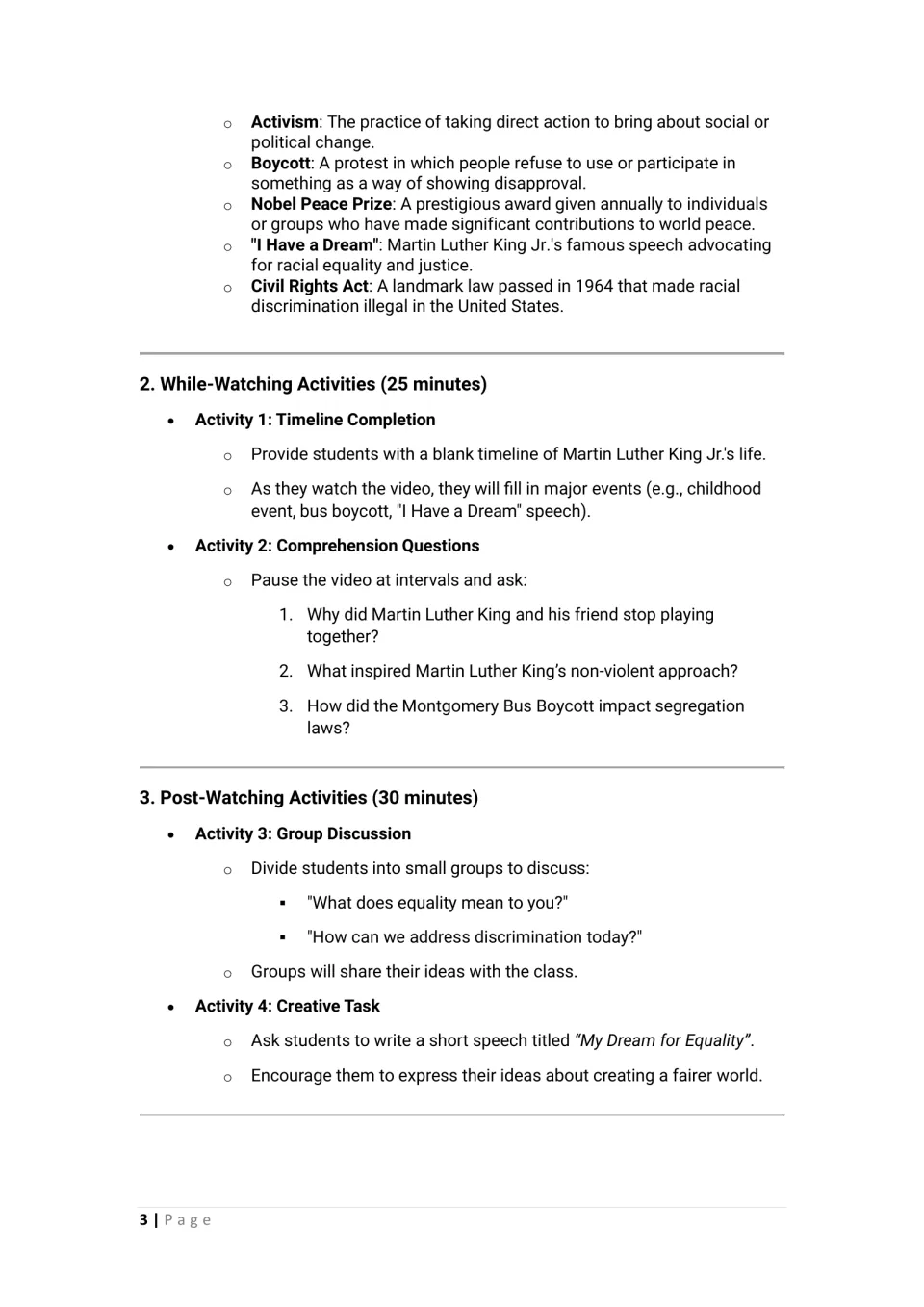 MLK video activities: vocabulary, a while-watching timeline, comprehension questions, group talk and a speech-writing task