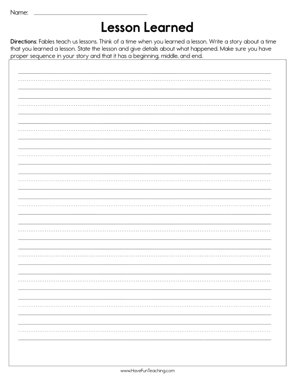 Personal narrative worksheet asking students to write about a lesson learned with a beginning, middle, and end.