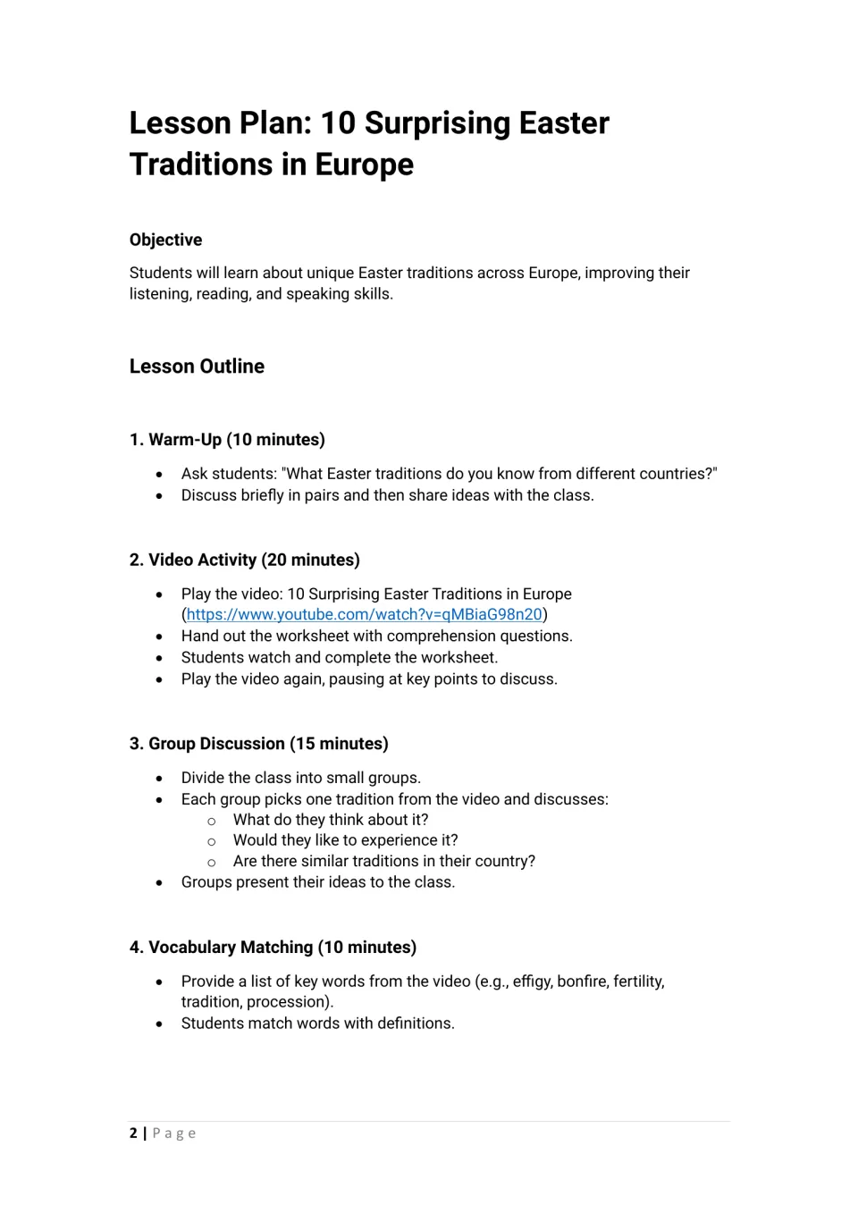 Lesson plan opening: learning objective, warm-up, video comprehension, group discussion, and vocabulary matching