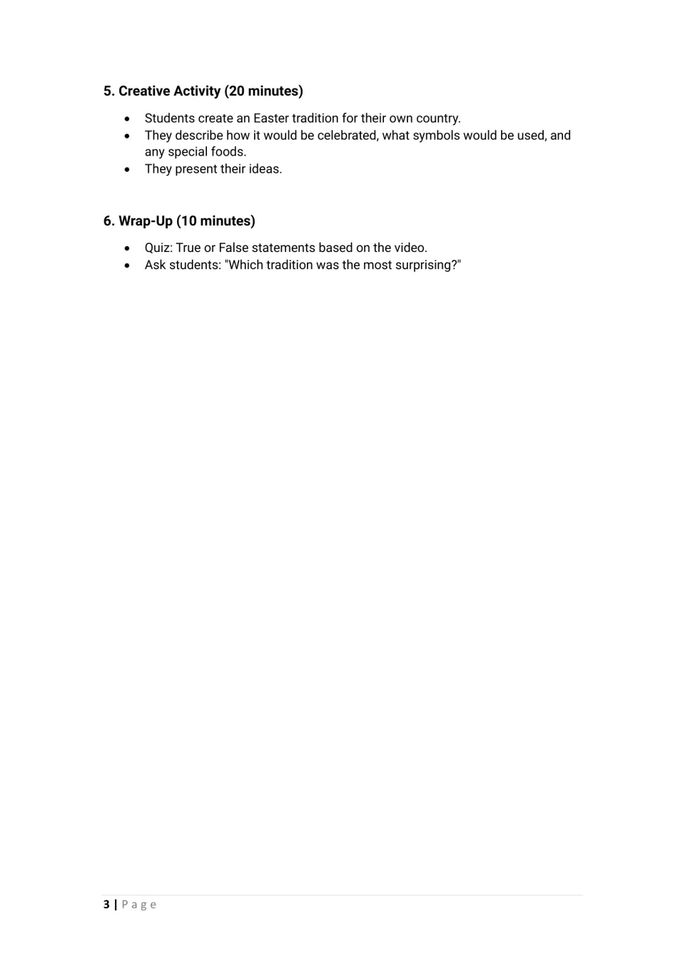 Lesson plan conclusion: students invent an Easter tradition, present ideas, and review with a true-or-false quiz
