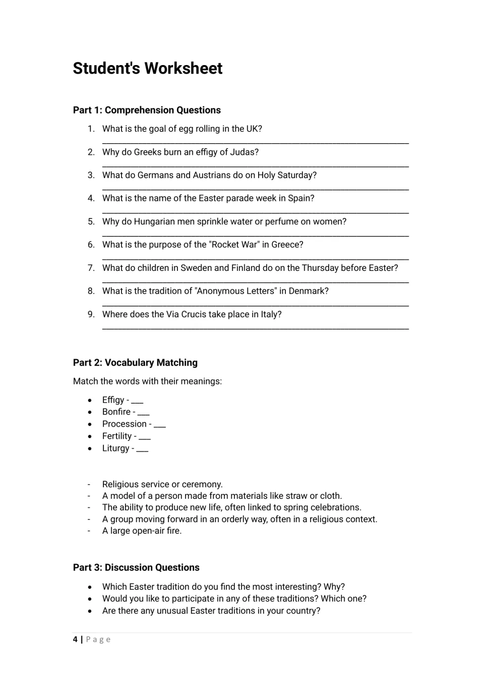 Student worksheet: nine Easter tradition comprehension questions, five vocabulary matches, and discussion prompts