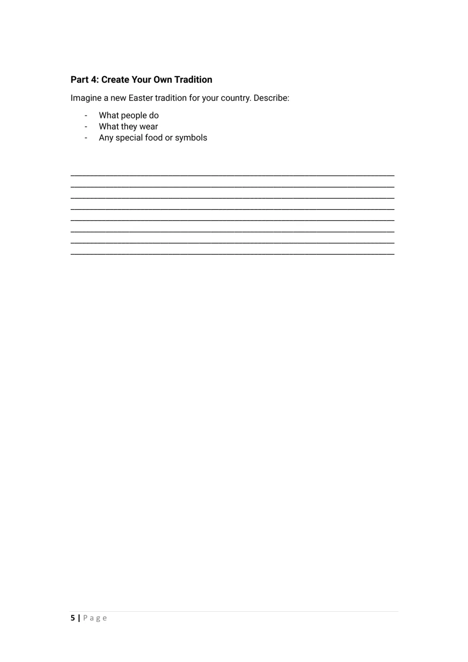 Student worksheet writing task: invent an Easter tradition and describe activities, clothing, food, or symbols