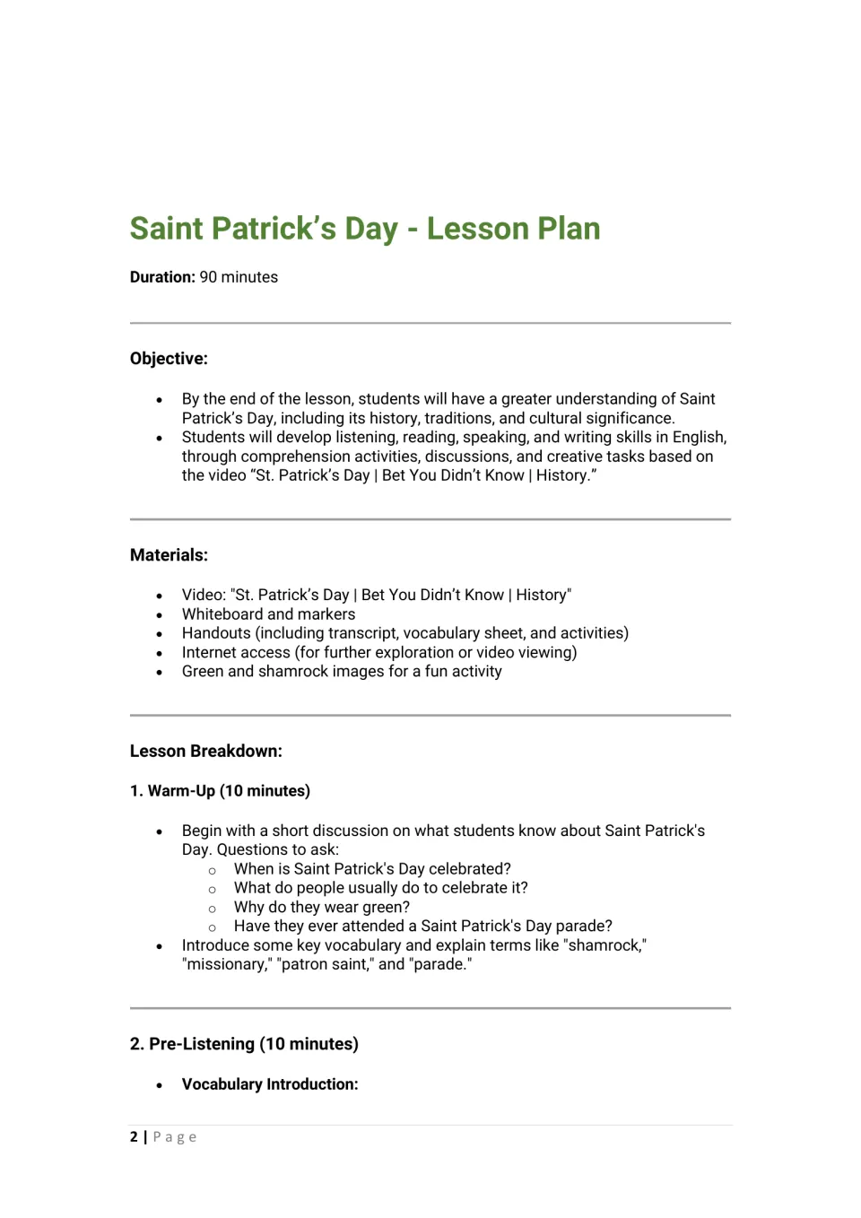 Lesson plan opening: 90-minute duration, objectives, materials, warm-up questions, and pre-listening
