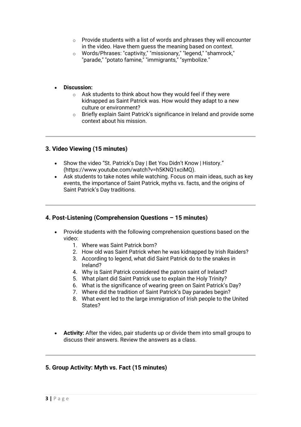 Lesson plan continues with vocabulary, video viewing, eight comprehension questions, and group discussion