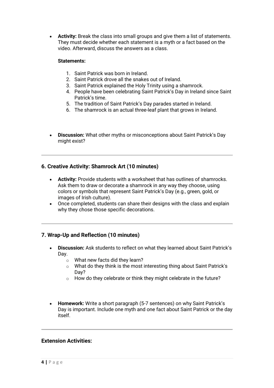 Lesson plan activities: six myth-or-fact statements, shamrock art, reflection, and a homework paragraph