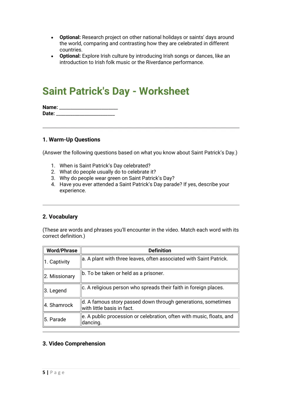 Student worksheet begins with four warm-up questions and five vocabulary matches after lesson extensions