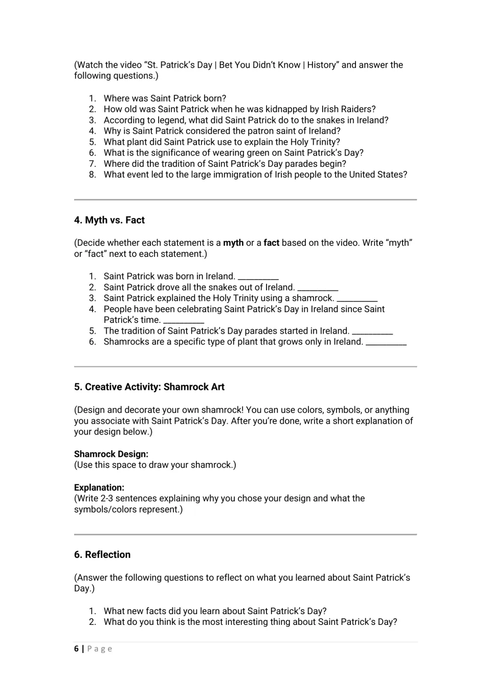 Student worksheet continues with eight video questions, six myth-or-fact items, shamrock art, and reflection