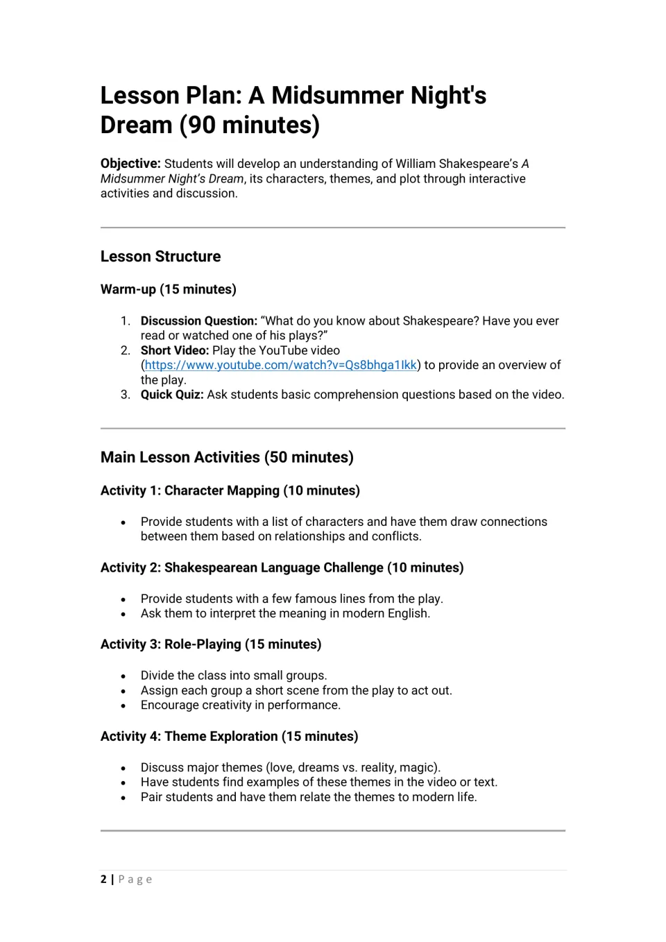 Shakespeare lesson plan, 90 minutes: warm-up video and quiz, character mapping, line interpretation, role-play and themes