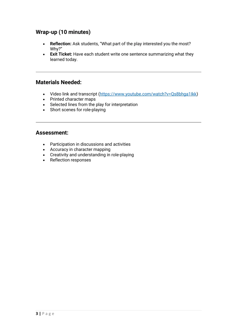Lesson wrap-up with a reflection question and a one-sentence exit ticket, plus the materials list and assessment criteria