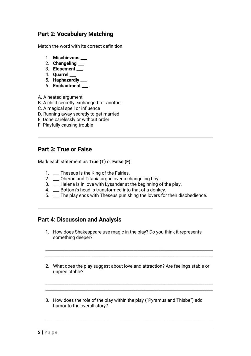 Vocabulary matching for six words like changeling and quarrel, five true-or-false statements and 3 discussion questions
